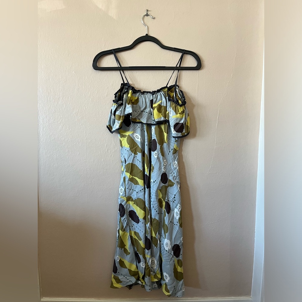 NWT Petro Zillia Kyle 100% Silk Dress Retro Scenery Floral Cold Shoulder XS - Picture 2 of 10